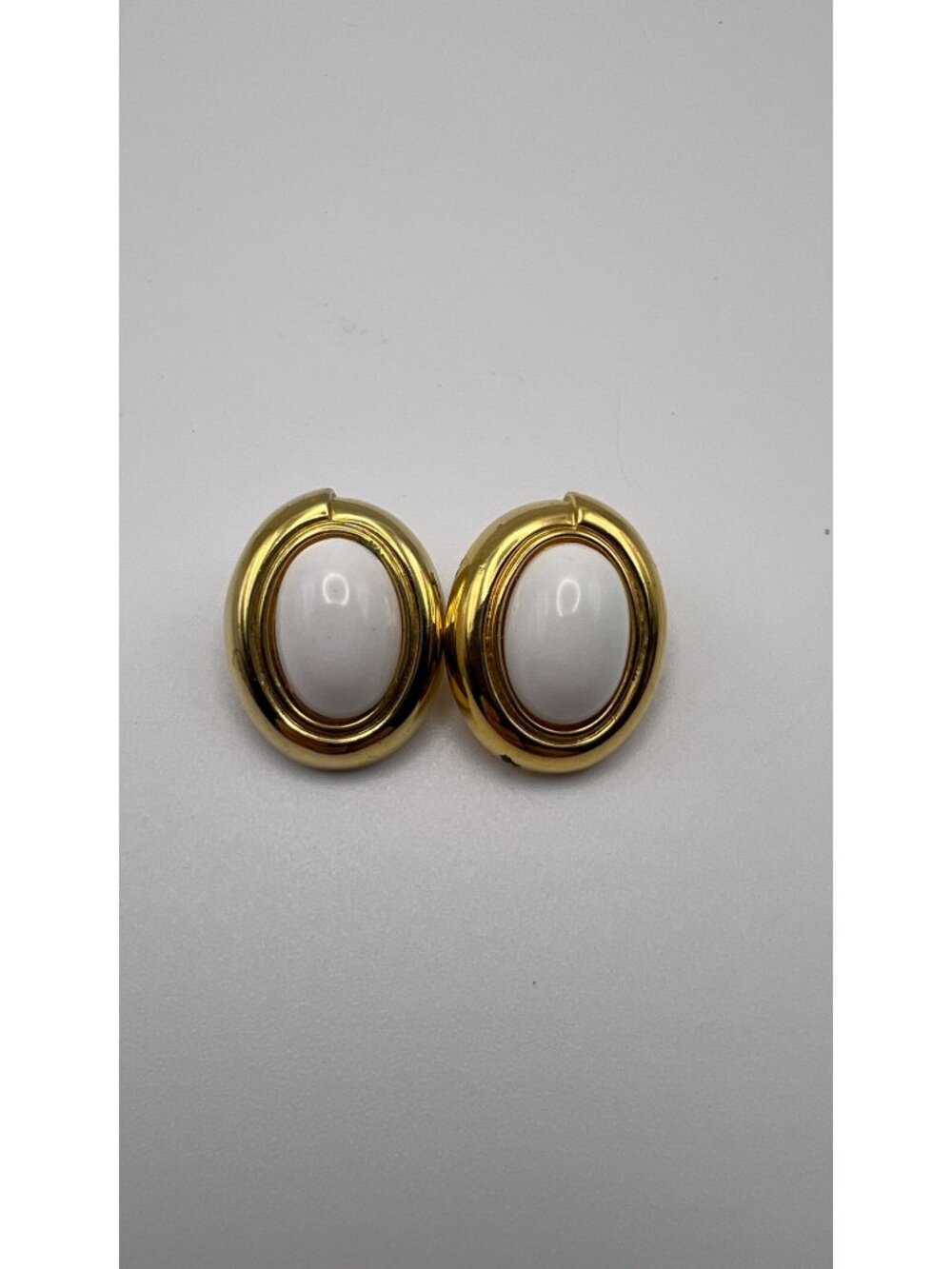 Vintage Monet Gold-Tone Oval Clip-On Earrings With White Cabochon Center Classic